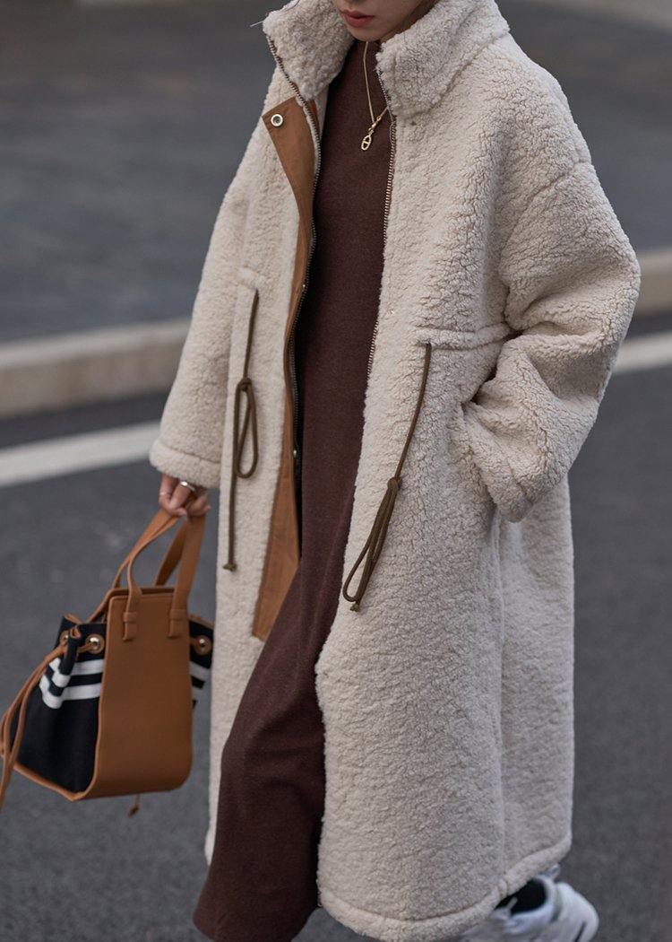 Women's Teddy Long Winter Coat – High-Neck Drawstring Relaxed Style