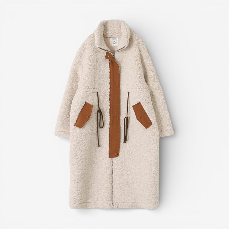 Women's Longline Teddy Fleece Winter Coat with High Collar and Adjustable