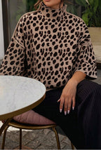Women's Oversized Animal Print Knitted Sweater with High Neck and Relaxed
