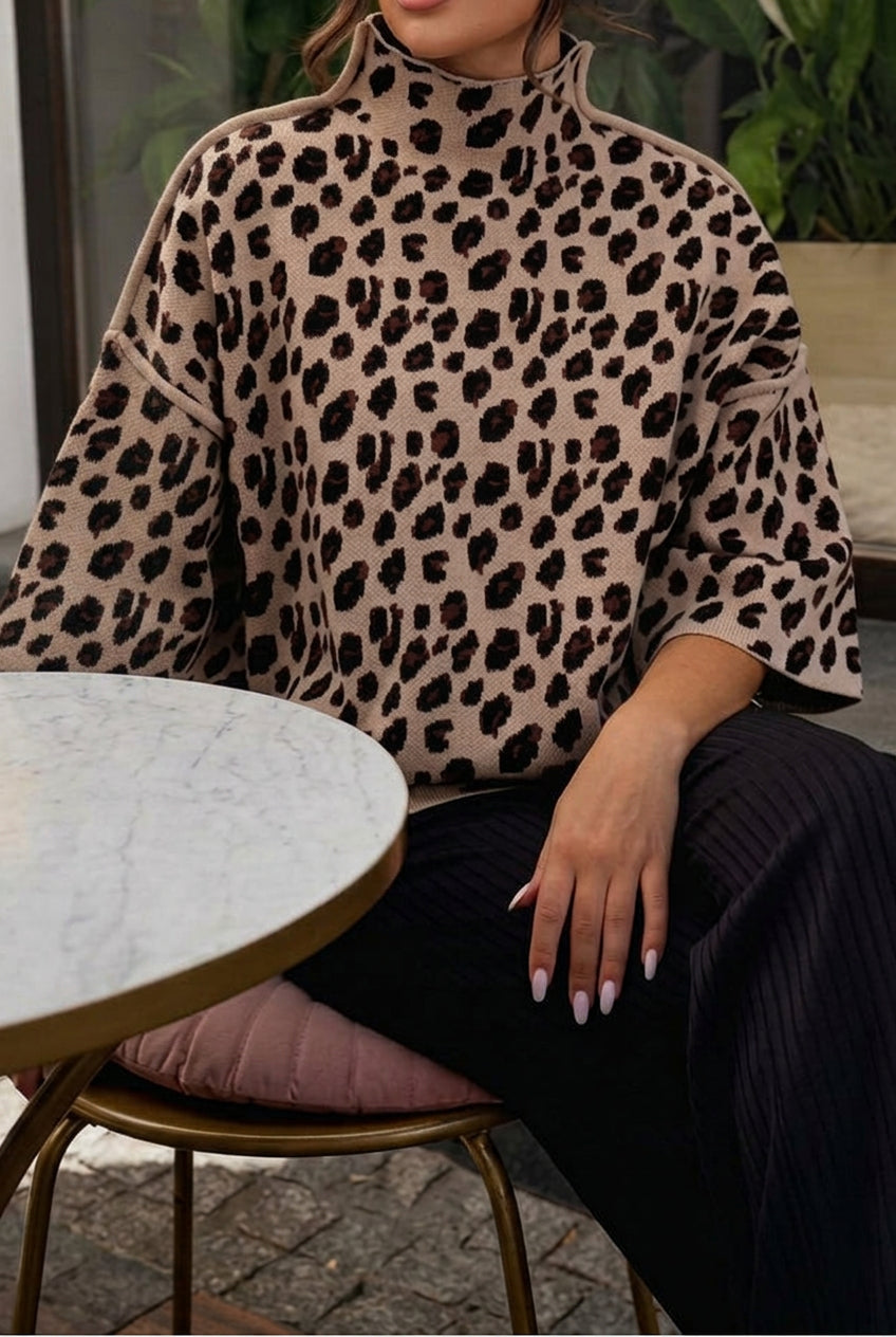 Women's Oversized Animal Print Knitted Sweater with High Neck and Relaxed