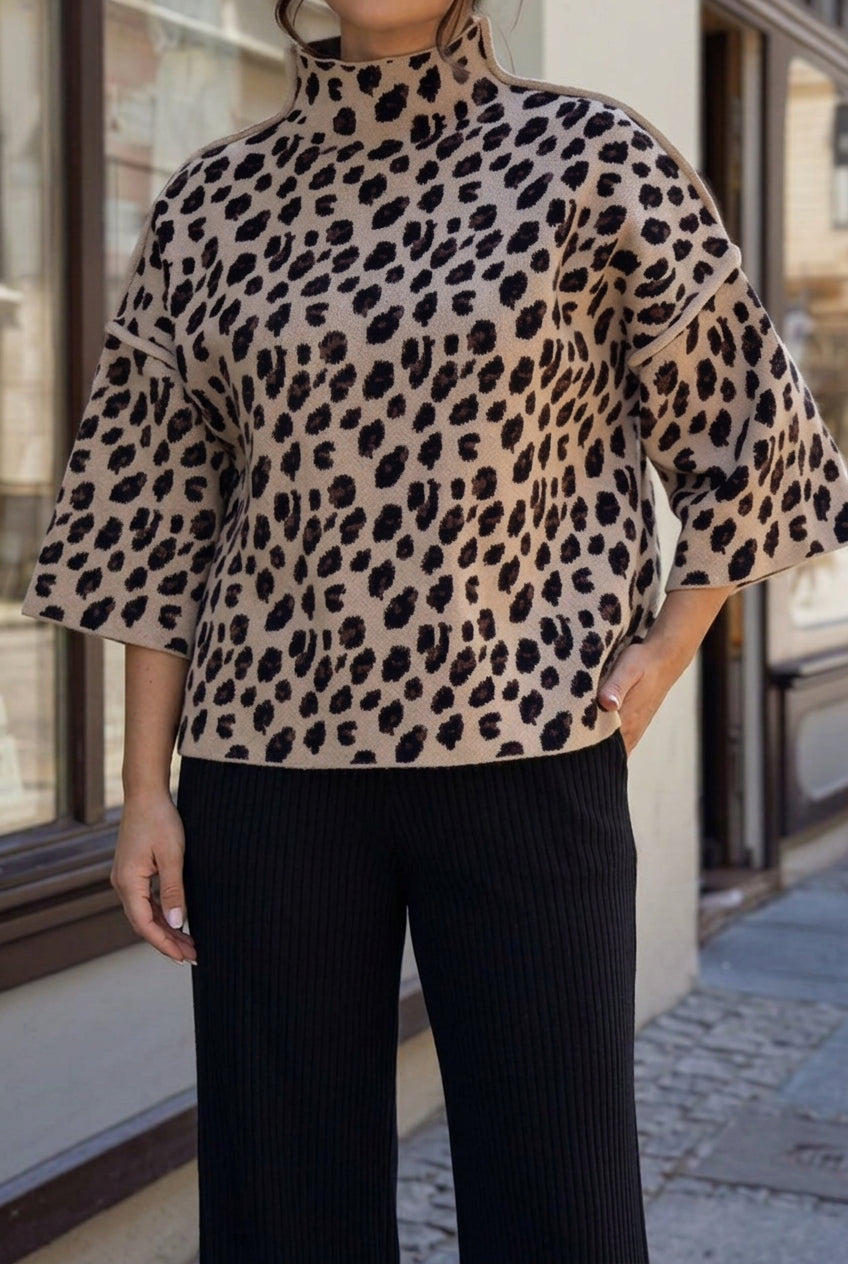 Women's Oversized Animal Print Knitted Sweater with High Neck and Relaxed