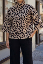 Women's Oversized Animal Print Knitted Sweater with High Neck and Relaxed