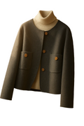 Women's Elegant Cropped Wool Blend Jacket with Round Neck and Button Front