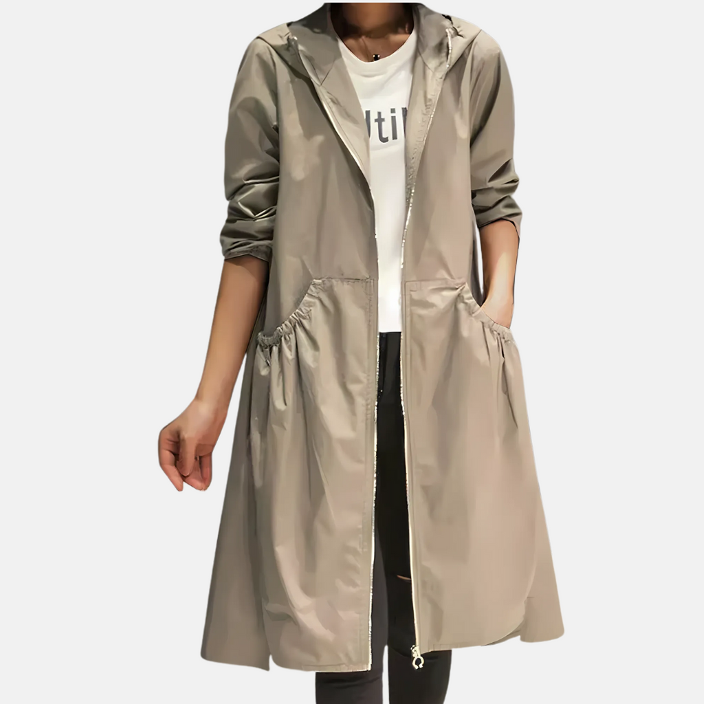 Knee Length Waterproof Coat with Hood – Relaxed Fit Rain Coat