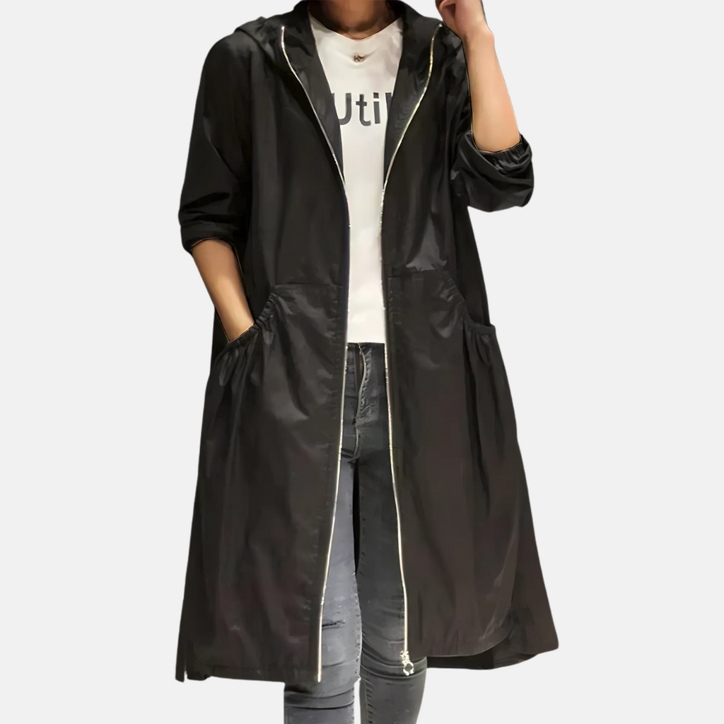 Knee Length Waterproof Coat with Hood – Relaxed Fit Rain Coat