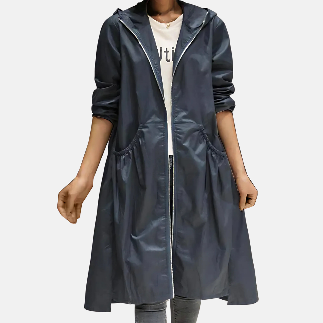Knee Length Waterproof Coat with Hood – Relaxed Fit Rain Coat