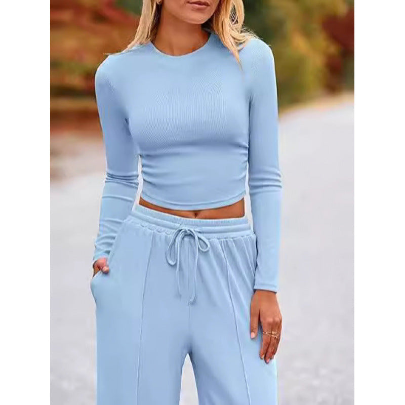 Women's Long-Sleeve Fitted Top and Wide-Leg Trousers Set