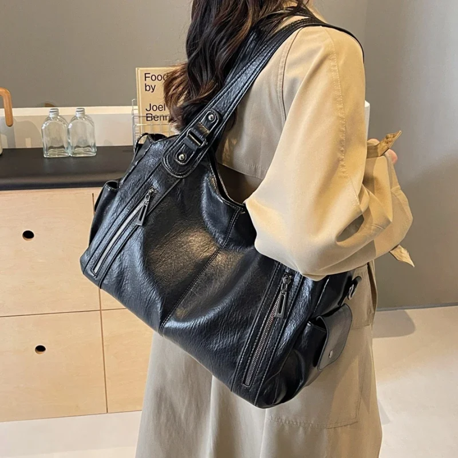 Women's Vegan Leather Shoulder Tote with Zip Pockets