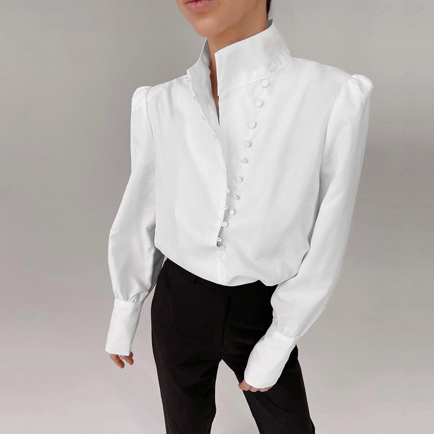 Women's High Neck Blouse with Covered Buttons and Puff Shoulders