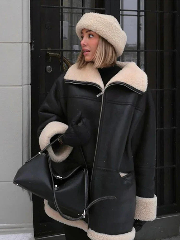 Women's Faux Leather Shearling-Style Winter Jacket with Oversized Collar