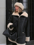Women's Faux Leather Shearling-Style Winter Jacket with Oversized Collar