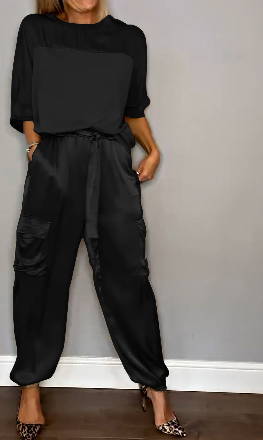 Women's Relaxed Cargo Trouser Set – Short-Sleeve Top