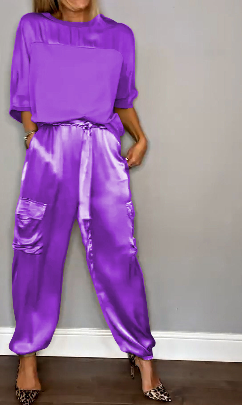Women's Relaxed Cargo Trouser Set – Short-Sleeve Top