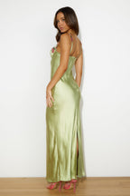 Green Satin Maxi Dress – Floral Chain Detail Evening Gown | Meave & Ivy