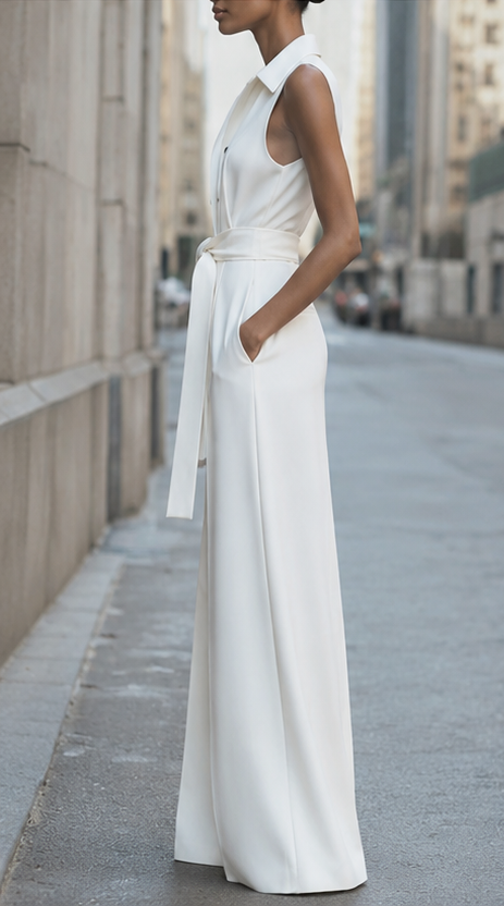 Women's Sleeveless Collared Wide-Leg Jumpsuit – Belted Tailored Style for Elegant Workdays Summer Events and Refined Day-to-Night Dressing