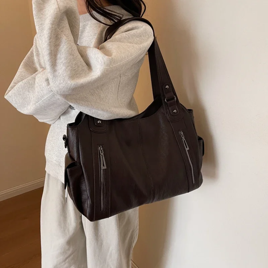 Women's Vegan Leather Shoulder Tote with Zip Pockets