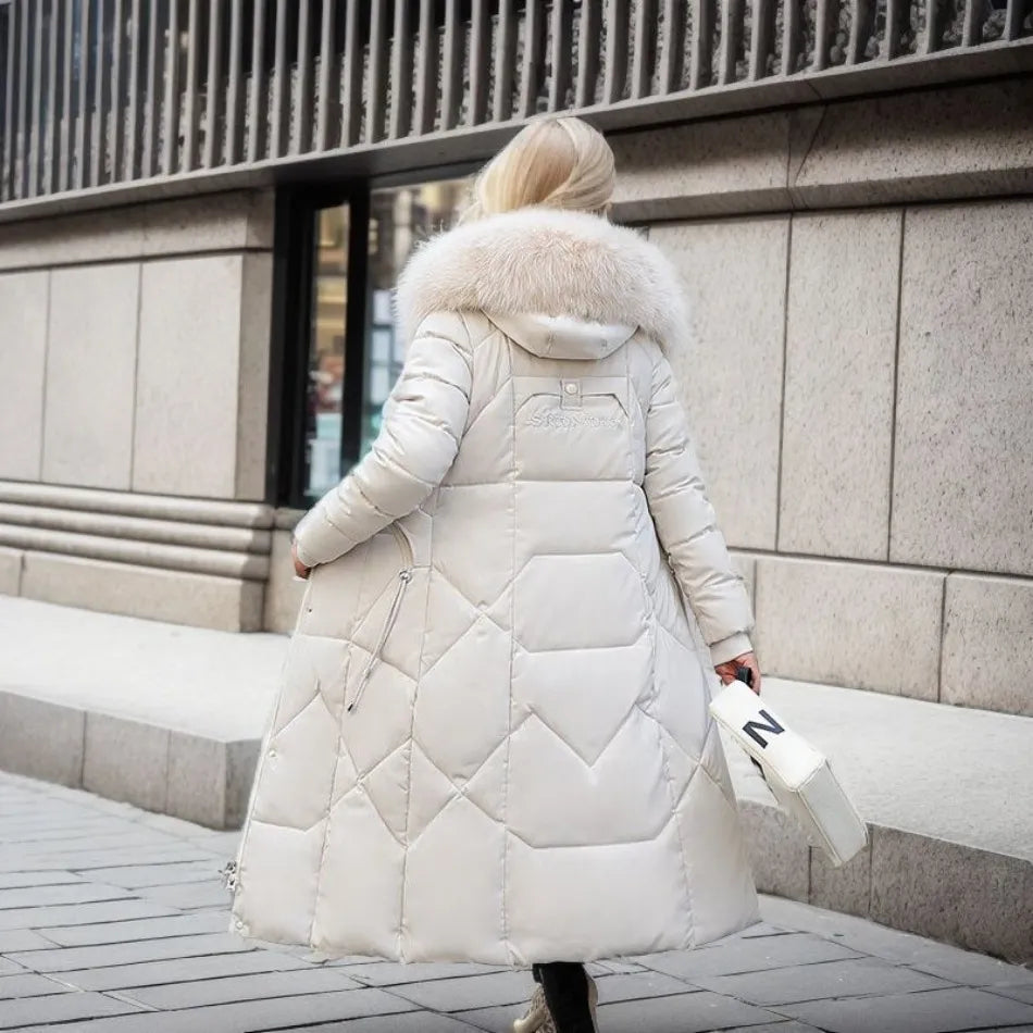 Women's Longline Quilted Puffer Winter Coat with Oversized faux