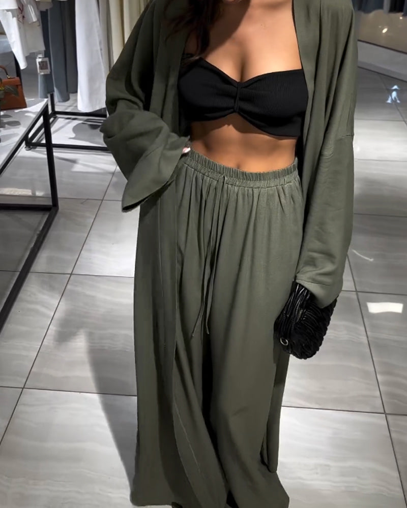 Women's linen-look Kimono Trouser Set – Longline Open-Front Layer
