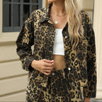Women's Leopard Print Denim Jacket and Wide-Leg Trousers Set