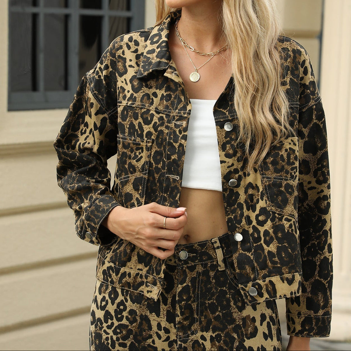 Women's Leopard Print Denim Jacket and Wide-Leg Trousers Set