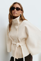 Women's Cape Coat with Belt & High Collar – Elegant Wrap Jacket