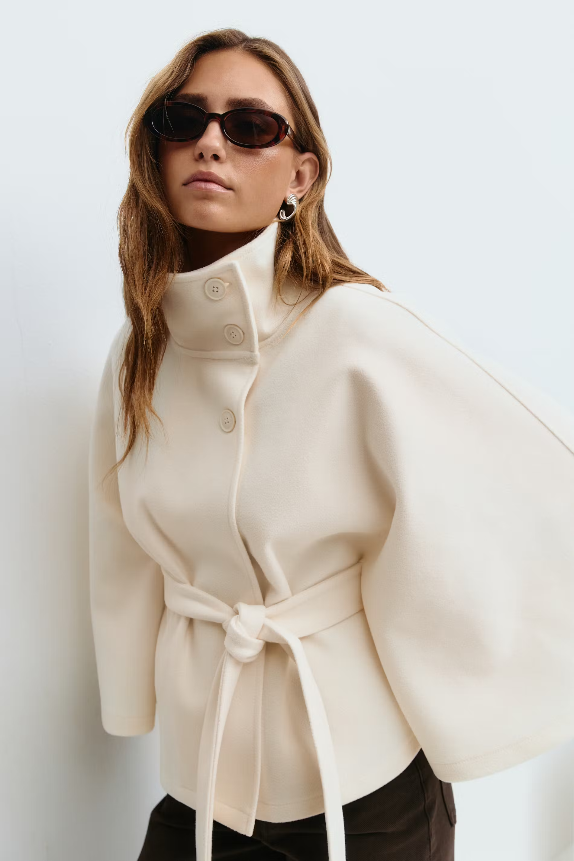 Women's Cape Coat with Belt & High Collar – Elegant Wrap Jacket