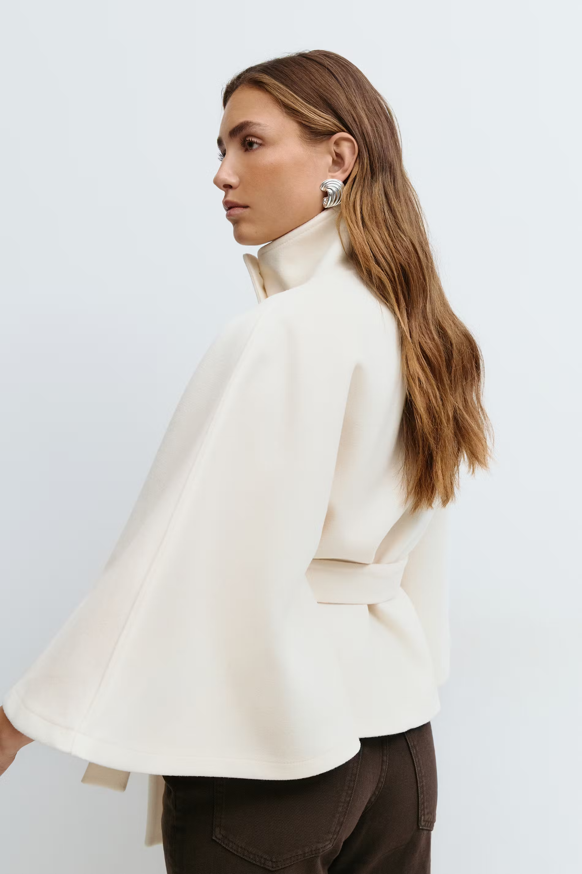 Women's Cape Coat with Belt & High Collar – Elegant Wrap Jacket