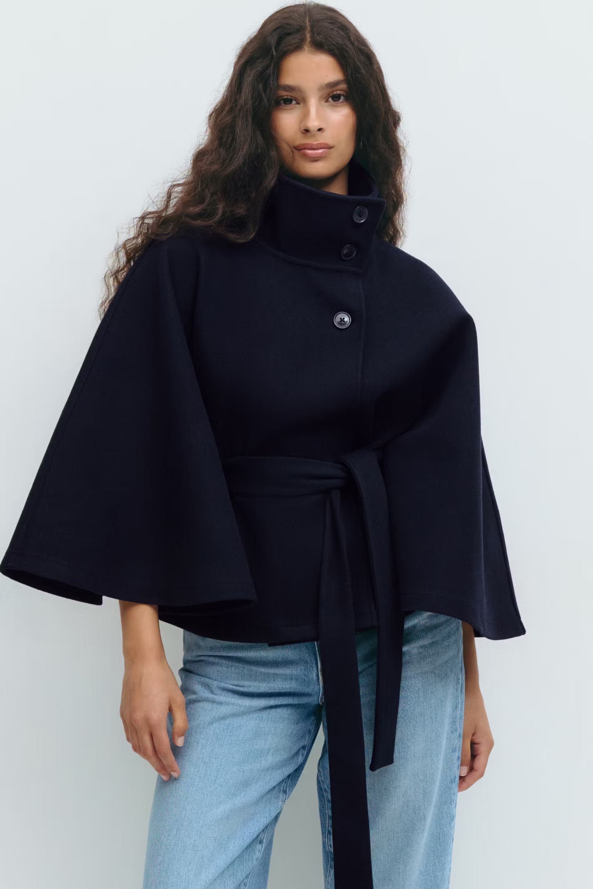 Women's Cape Coat with Belt & High Collar – Elegant Wrap Jacket