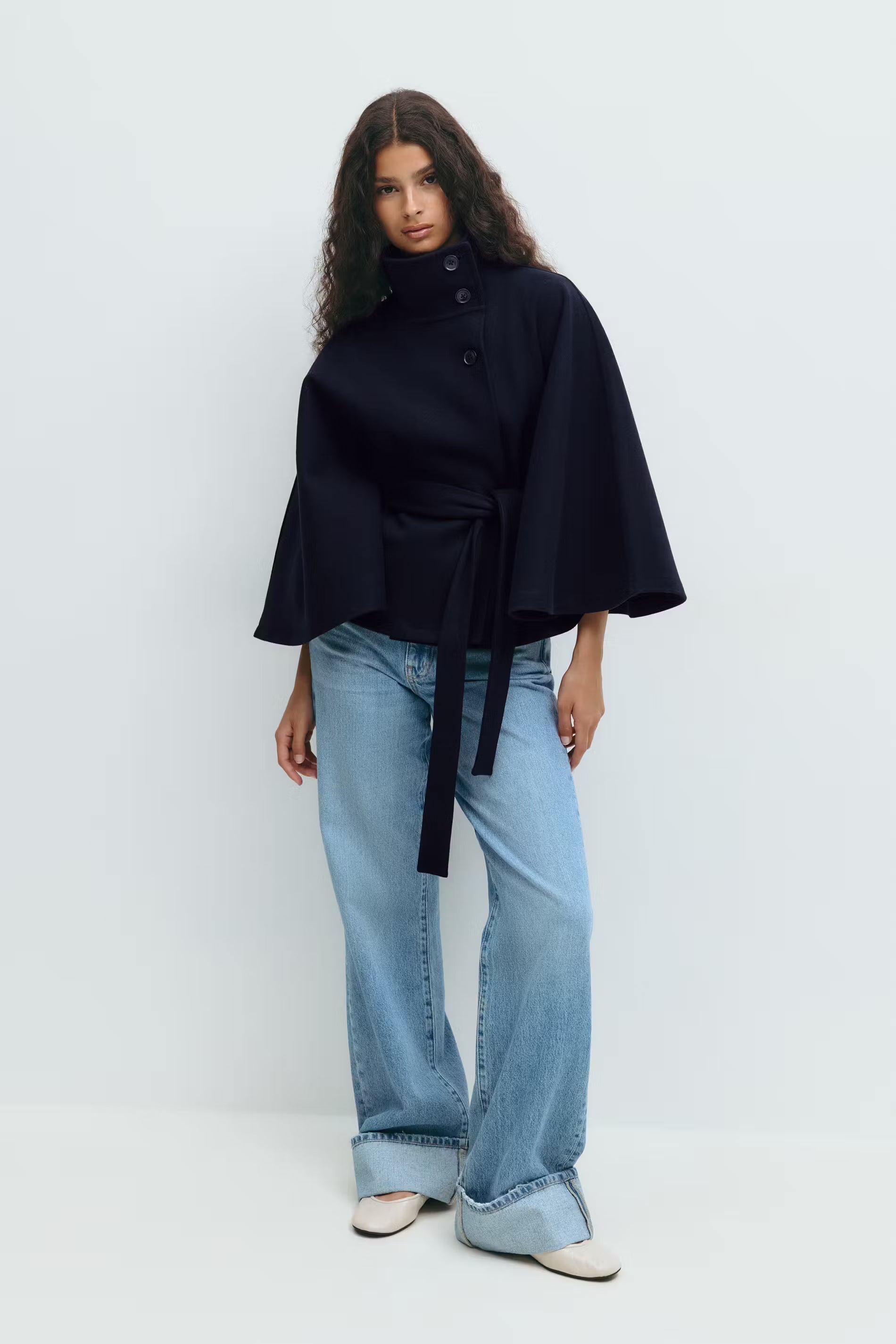 Women's Cape Coat with Belt & High Collar – Elegant Wrap Jacket