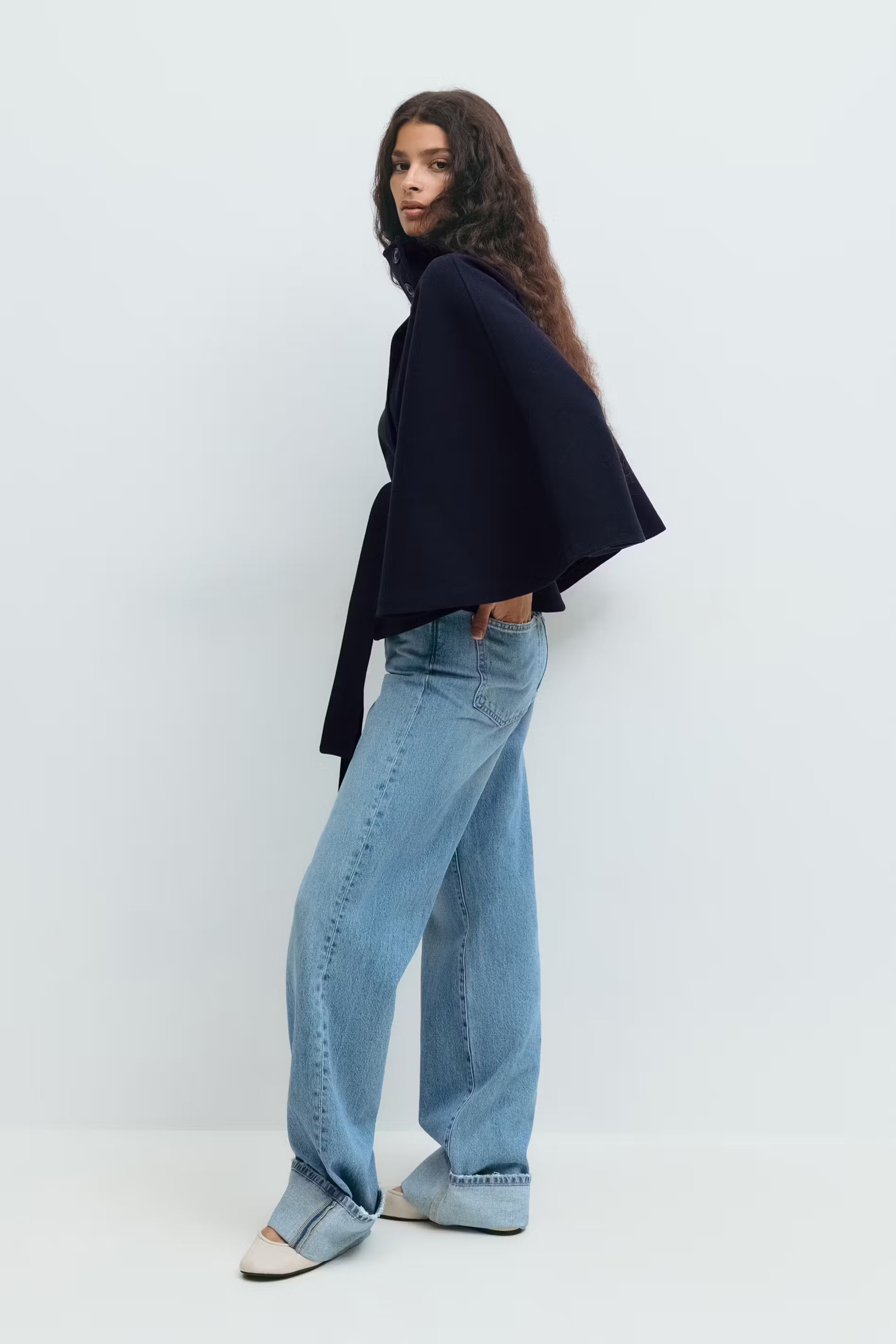 Women's Cape Coat with Belt & High Collar – Elegant Wrap Jacket