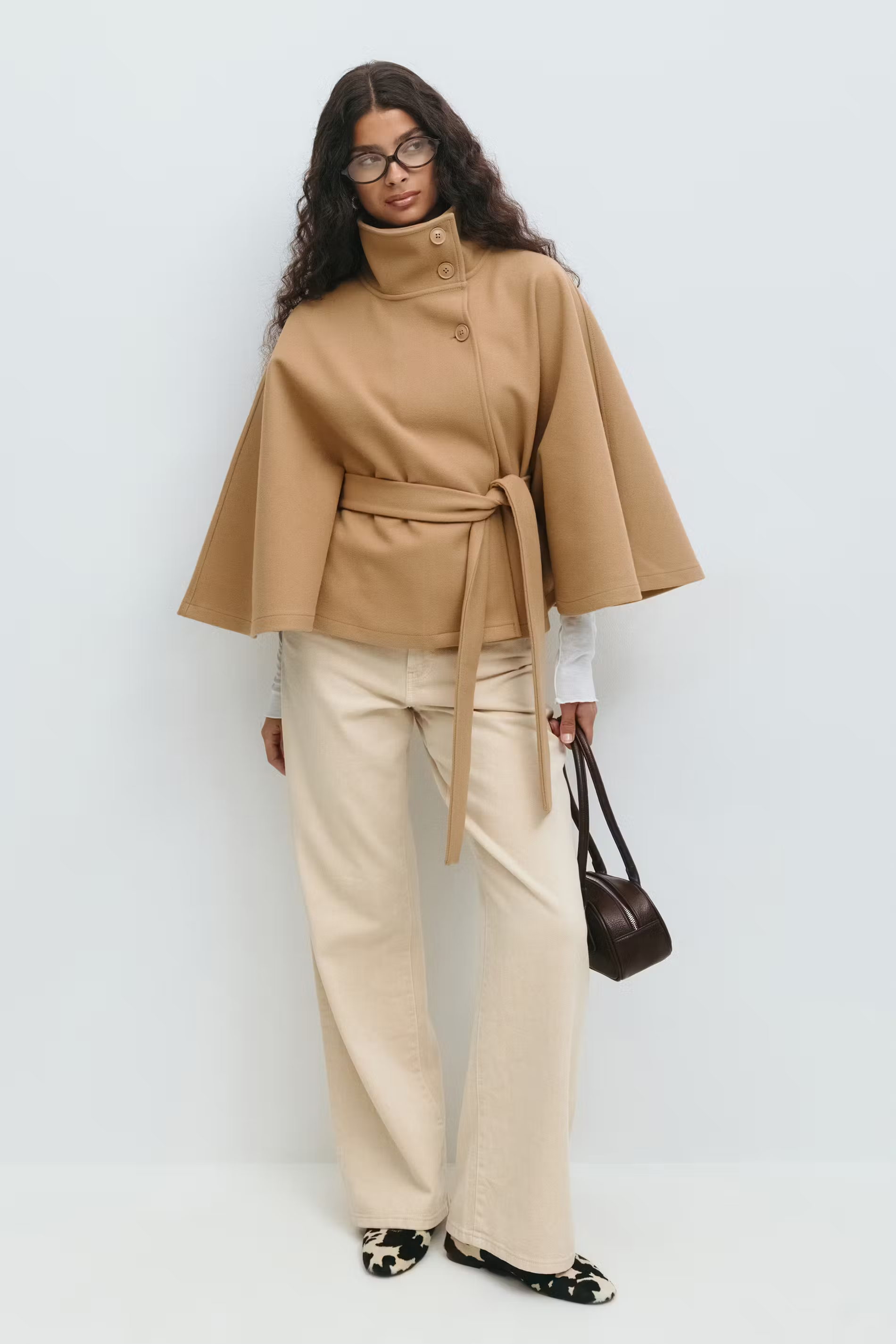 Women's Cape Coat with Belt & High Collar – Elegant Wrap Jacket
