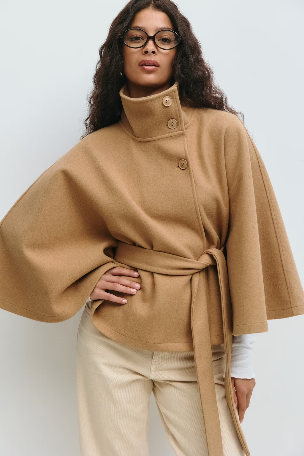 Women's Cape Coat with Belt & High Collar – Elegant Wrap Jacket