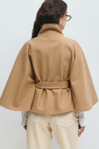 Women's Cape Coat with Belt & High Collar – Elegant Wrap Jacket