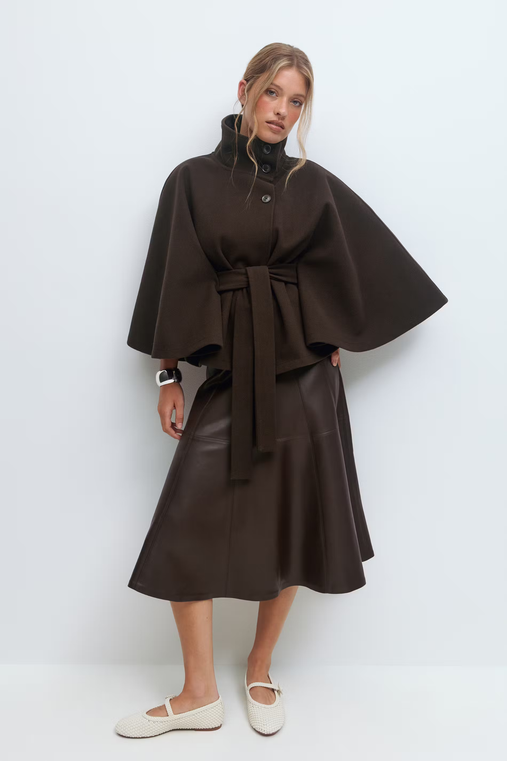 Women's Cape Coat with Belt & High Collar – Elegant Wrap Jacket