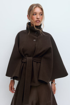 Women's Cape Coat with Belt & High Collar – Elegant Wrap Jacket