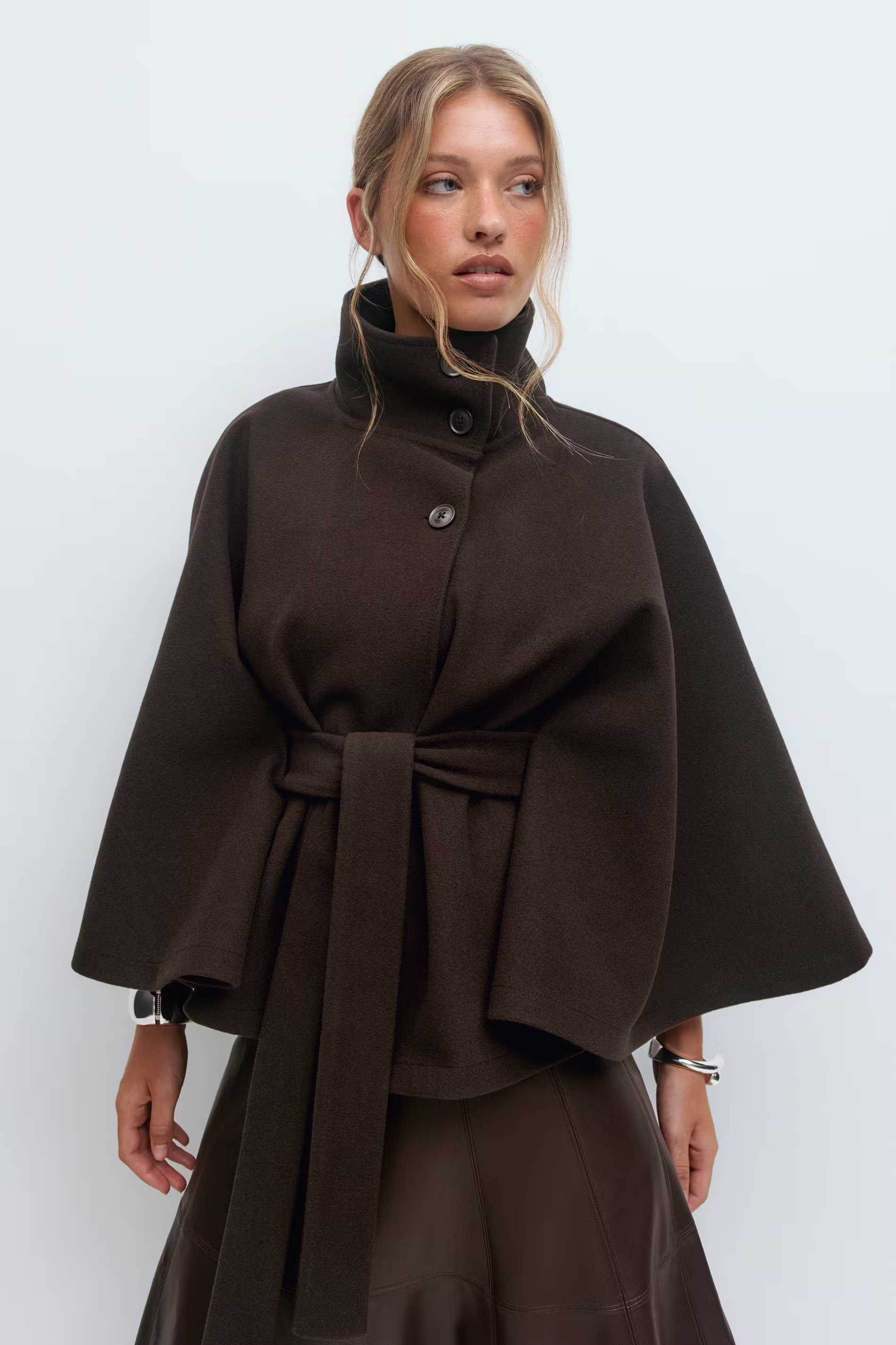 Women's Cape Coat with Belt & High Collar – Elegant Wrap Jacket