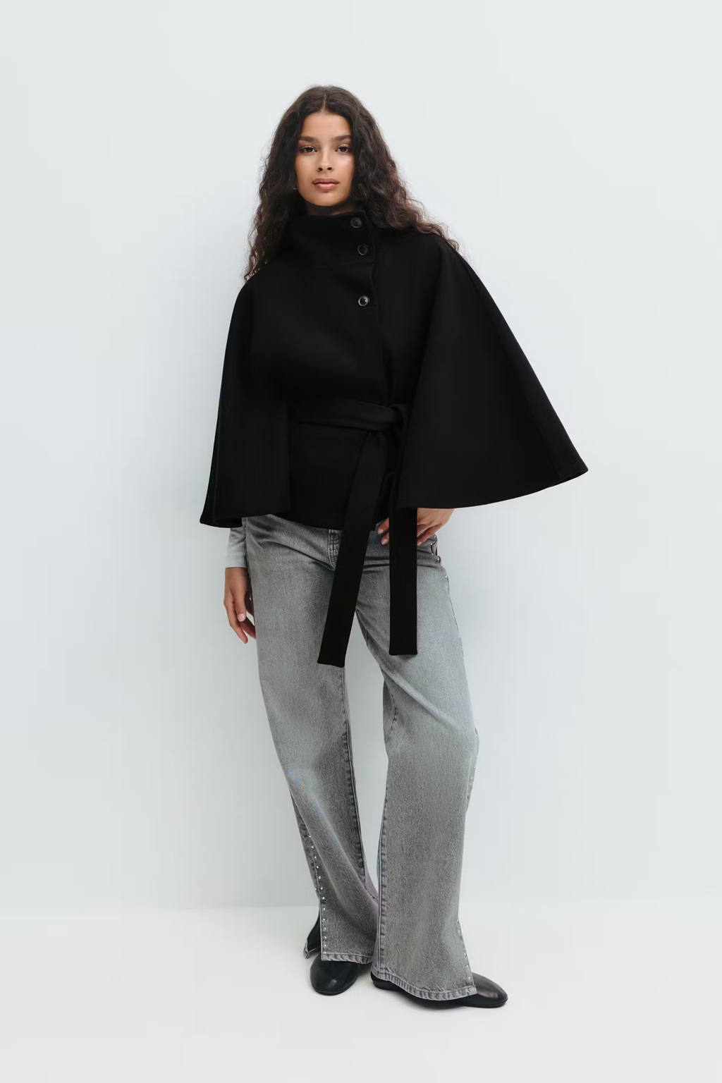 Women's Cape Coat with Belt & High Collar – Elegant Wrap Jacket