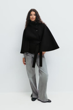 Women's Cape Coat with Belt & High Collar – Elegant Wrap Jacket
