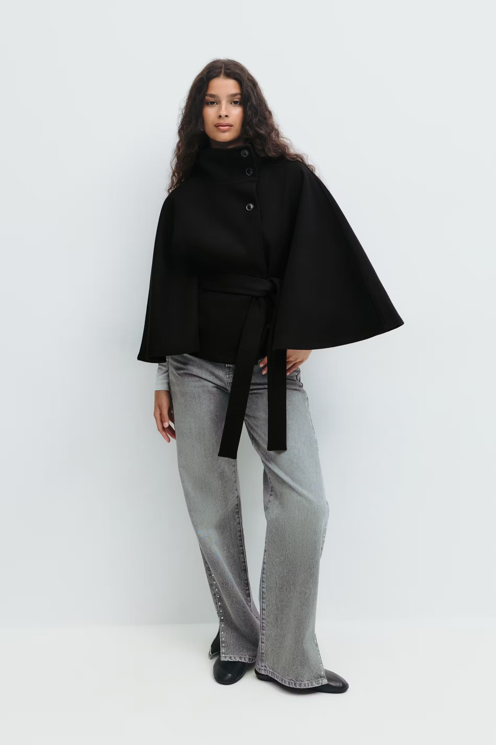 Women's Cape Coat with Belt & High Collar – Elegant Wrap Jacket