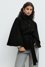 Women's Cape Coat with Belt & High Collar – Elegant Wrap Jacket