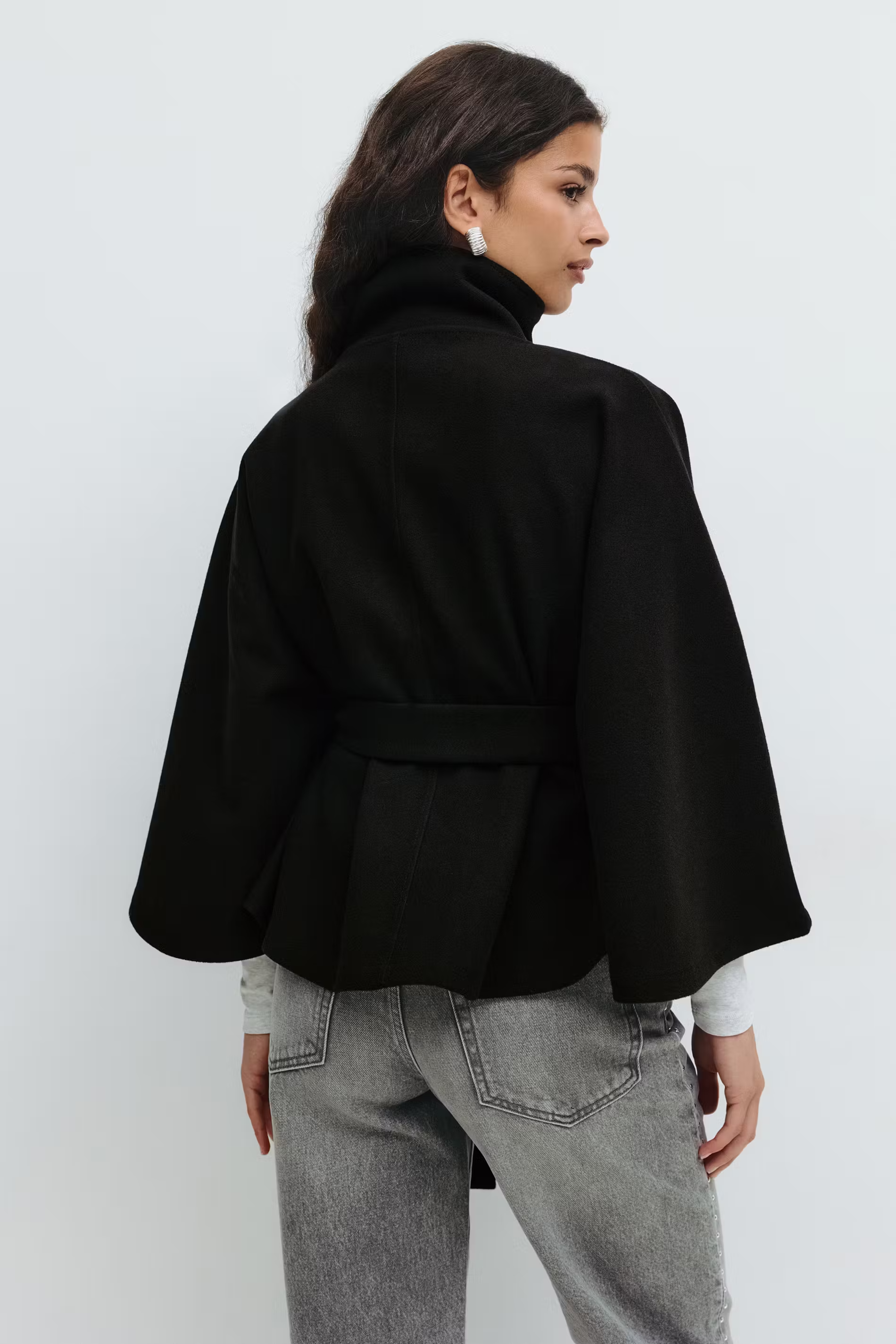 Women's Cape Coat with Belt & High Collar – Elegant Wrap Jacket