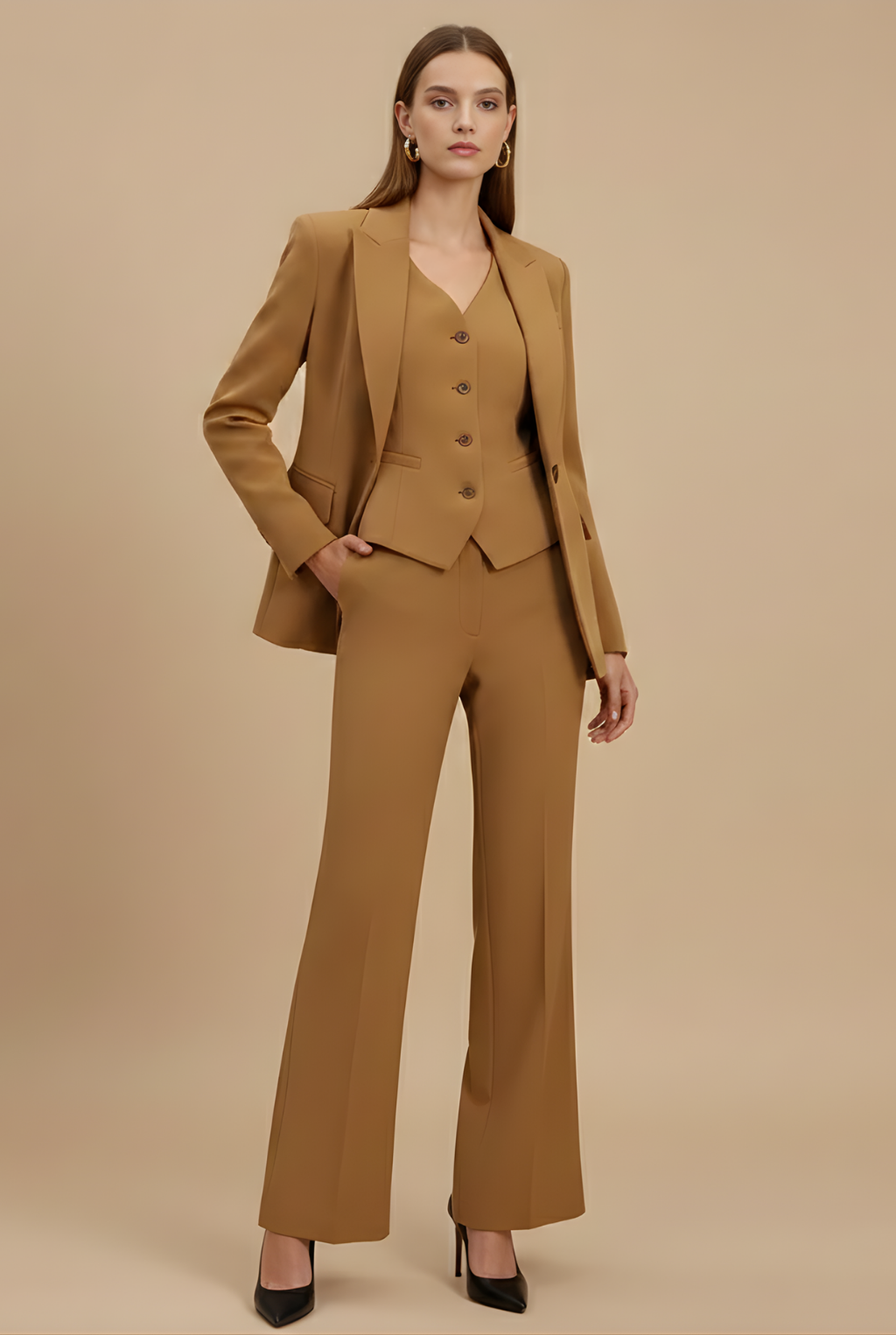 Women's Three-Piece Tailored Suit – Fitted Blazer Vest and Flared Trouser