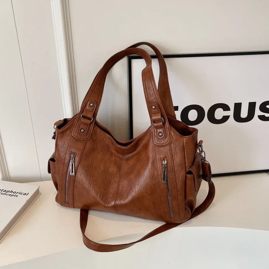Women's Vegan Leather Shoulder Tote with Zip Pockets