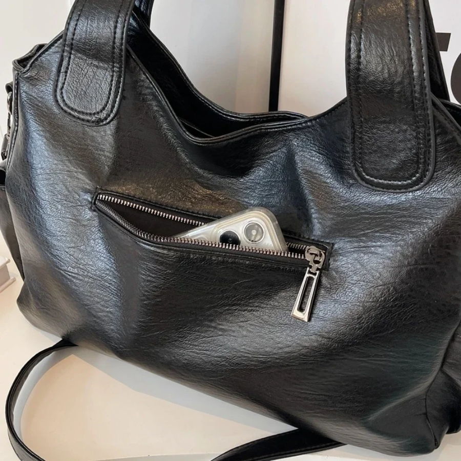 Women's Vegan Leather Shoulder Tote with Zip Pockets