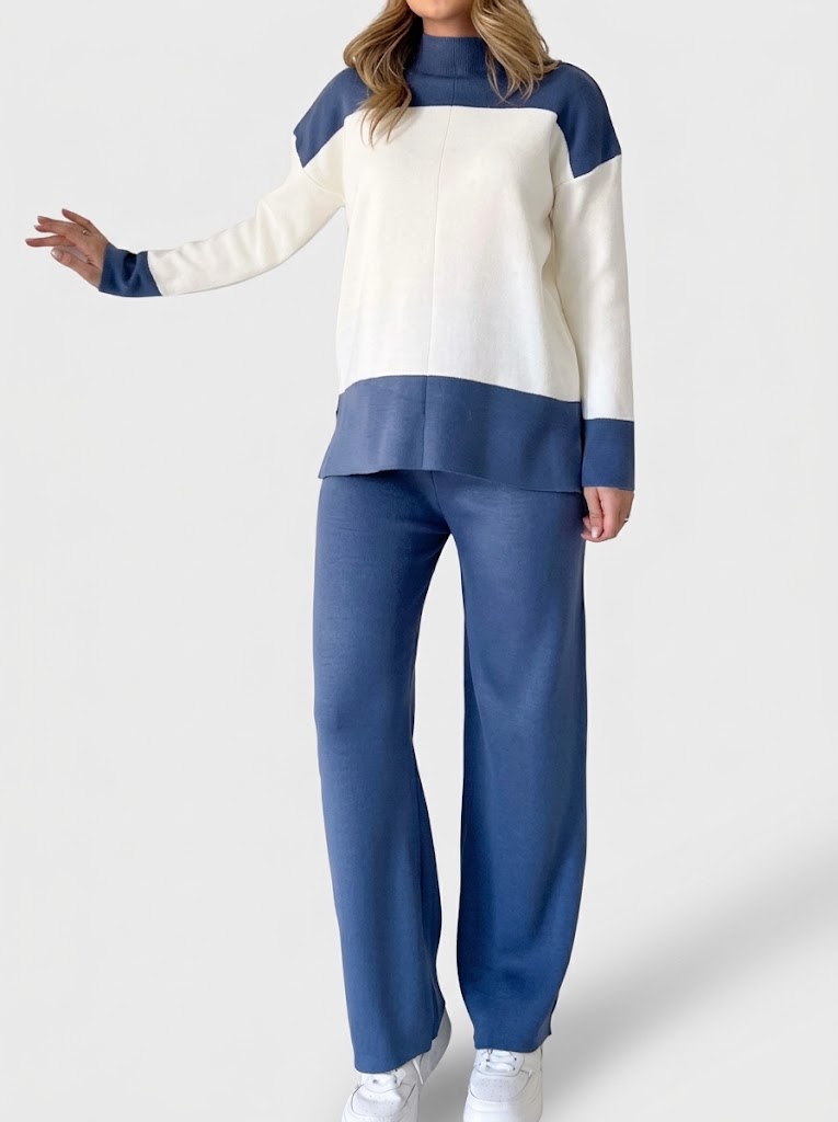Women's Colour-Block Knit Co-Ord Set – High-Neck Long-Sleeve Top