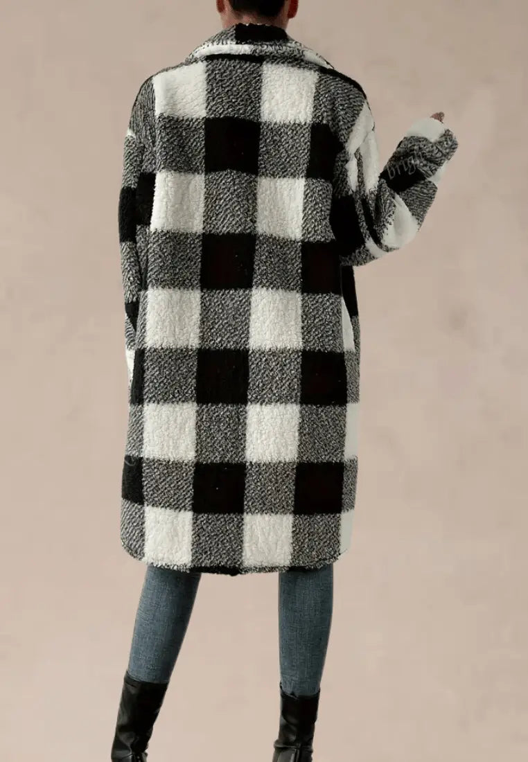 Women's Longline Teddy Fleece Coat with Classic Printed Design and Button
