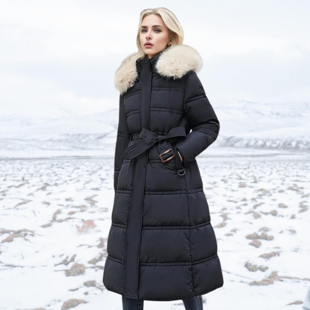 Women's Belted Long Puffer Coat – Faux-Fur Collar Padded Winter Style