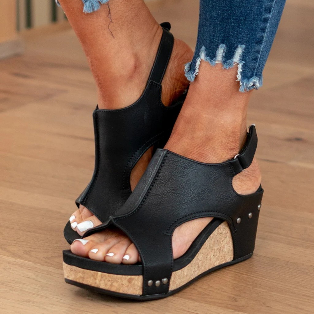Suede Peep-Toe Cork Wedge Sandals