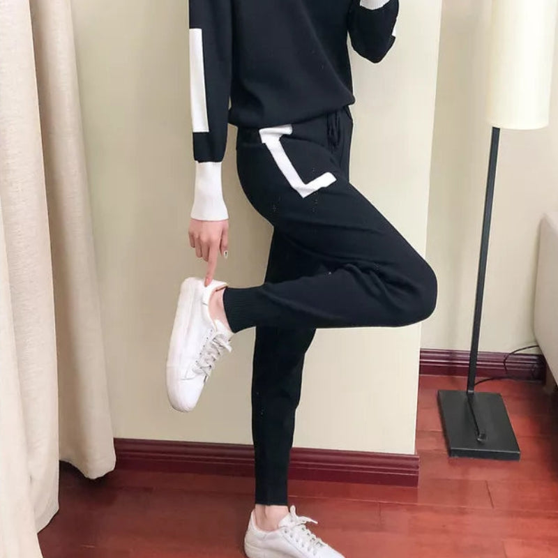 Women's Contrast Trim Long-Sleeve Top and Drawstring Trousers Set