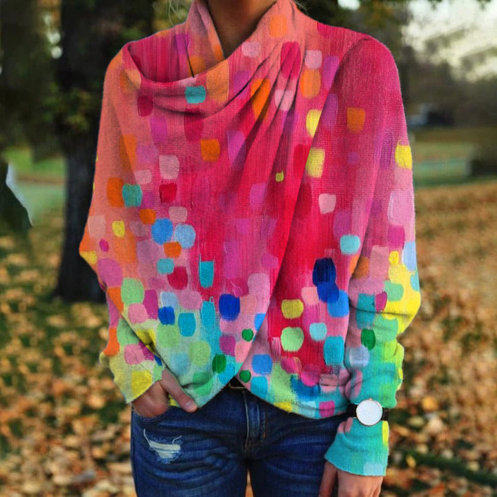 Women's Printed Draped-Neck Long-Sleeve Top